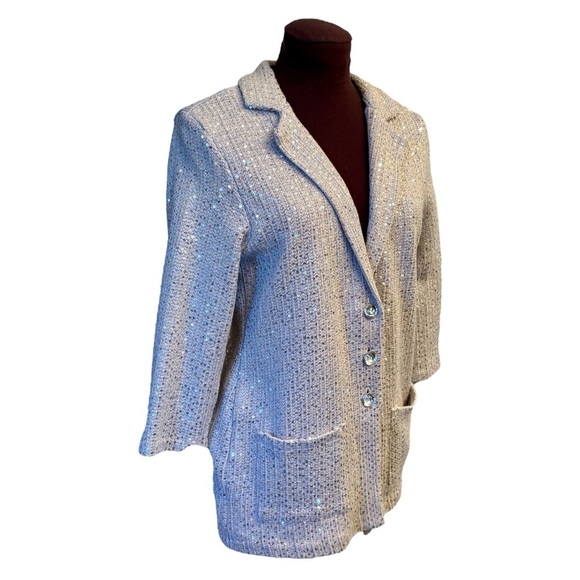 ECI New York Womens Silver Sequin Knit Jacket & Rhinestone Buttons Size Medium - Picture 6 of 13